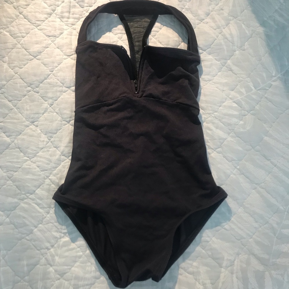 Natalie black zip leotard with mesh racer-back